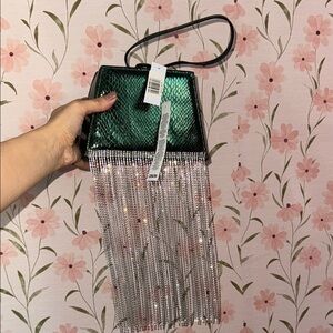 Green and Silver Topshop Fringe Sorcha Diamante Rhinestone Tassle Clutch